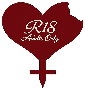 A red heart with a bite taken out of the top, the tip at the bottom forming an inverted cross. Text upon it read R18 Adults Only